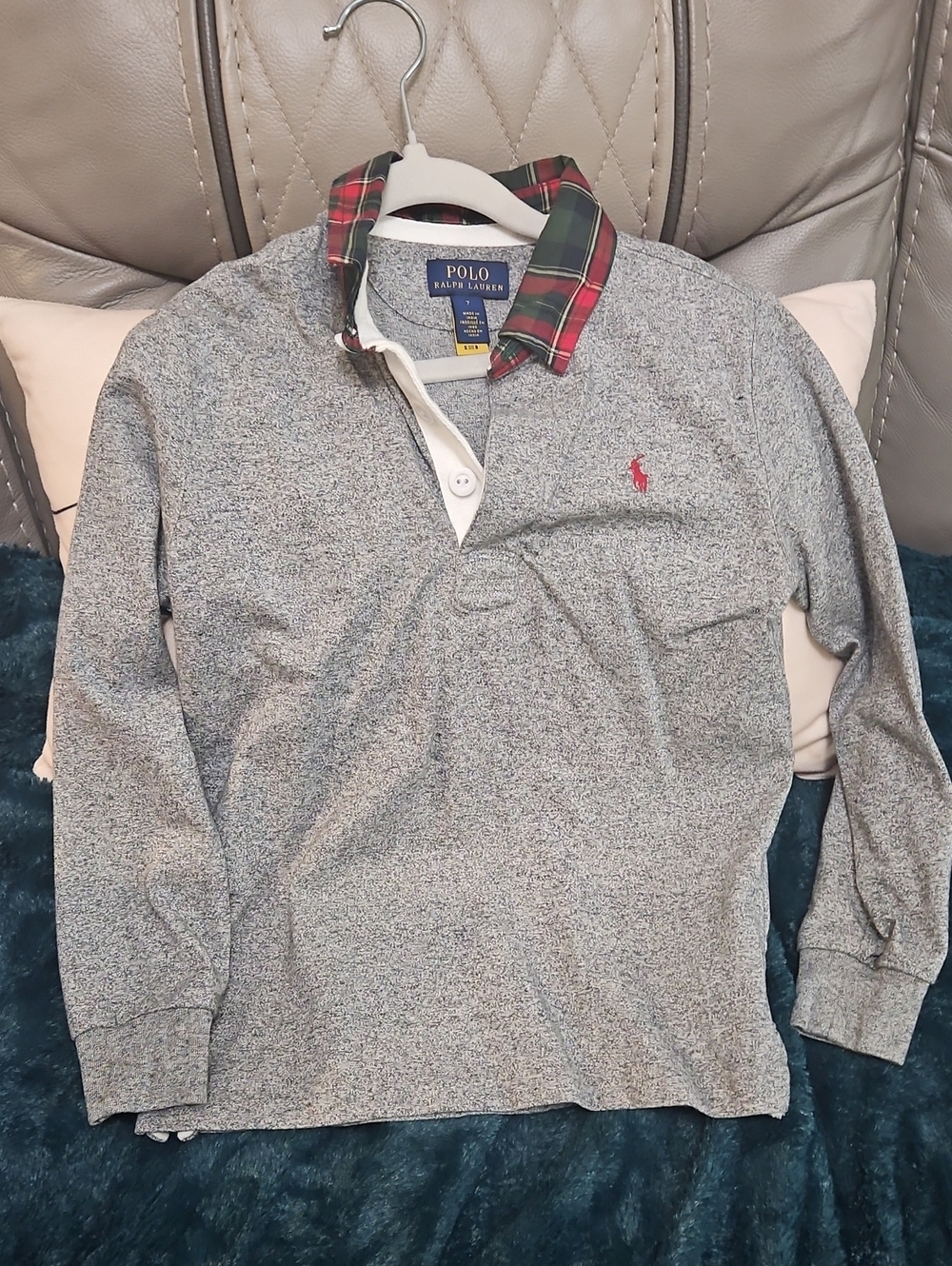 Polo by Ralph Lauren Grey Long-Sleeve Rugby Shirt with Red Plaid Collar